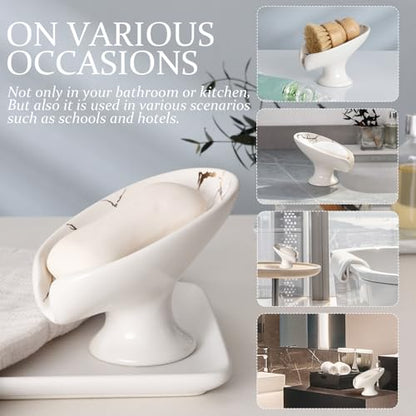 Soap Dish, Soap Holder Self Draining Leaf Shape Soap Dishes, Ceramic Drain Soap Dish for Sink Bathroom Shower Kitchen, Easy to Clean Keeps Soap Dry, Cream White & Gold Marble Pattern, ANTIS'S HOME - color: 1pcs-marble White