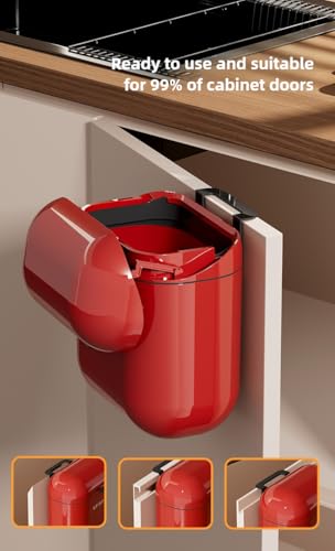 Xuanheju Wall Mounted Trash Can with Lid, 9L Touch-Kind Kitchen & Bathroom Garbage Bin, Water-Resistant Oval Wastebasket for Narrow Spaces, Under Sink, Cabinet - Anchola Red/Cream White (Deep red) - color: Deep red