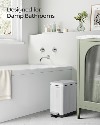 SONGMICS Bathroom Trash Can, 2.6-Gallon (10 L) Trash Bin with Lid, Slim for Small Spaces, Stainless Steel Garbage Can, Soft Close, White ULTB562W01 | Slim Bin for Small Spaces, Soft Close, Matte White, PATIA Collection ULTB562W01 - color: White, style: 2.