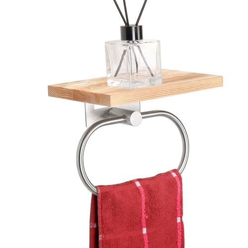 TocTen Hand Towel Holder for Bathroom Wall Mount Towel Ring with Wooden Shelf, Premium Metal Hand Towel Rack, Bathroom Accessories Rustic Hand Towel Hanger for Bathroom Kitchen RV(Brushed Nickel) - color: Brushed Nickel, size: 7.88 Inch with Shelf