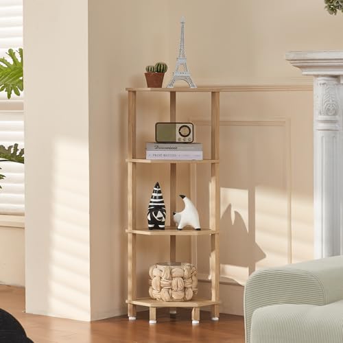 YUFAM 4-Tier Corner Shelf, Natural | Wooden Corner Bookshelf for Small Spaces, Corner Standing Shelf with Sturdy 5-Leg Base for bathroom - color: Natural, size: 4 Tier