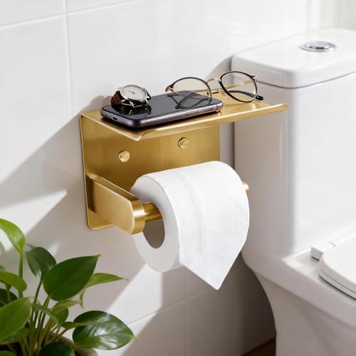 Toilet Paper Holder with Shelf, Heavy-Duty Stainless Steel Bathroom Hardware, Self-Adhesive No-Drill/Drill-Mount Wall-Mounted Roll Holder, Rust-Proof Bathroom Tissue Rack (Gold) - color: Gold