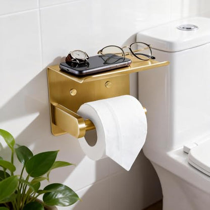 Toilet Paper Holder with Shelf, Heavy-Duty Stainless Steel Bathroom Hardware, Self-Adhesive No-Drill/Drill-Mount Wall-Mounted Roll Holder, Rust-Proof Bathroom Tissue Rack (Gold) - color: Gold