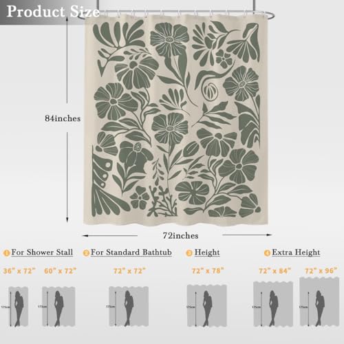 84" Extra Long Bathroom Shower Curtain, Sage Green Boho Wildflower Floral Design, 72x84 Inch Polyester Fabric with 12 Hooks - color: Green, size: 72"W x 84"L (Pack of 1)