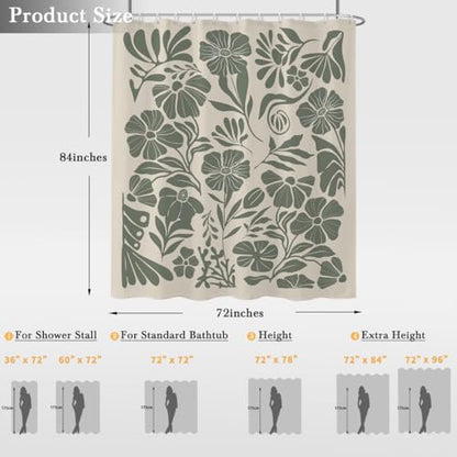 84" Extra Long Bathroom Shower Curtain, Sage Green Boho Wildflower Floral Design, 72x84 Inch Polyester Fabric with 12 Hooks - color: Green, size: 72"W x 84"L (Pack of 1)