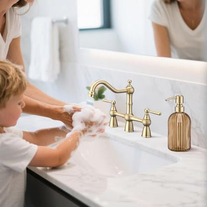 16 OZ Amber Glass Soap Dispenser, Amber Stripe Bathroom Hand Soap Dispensers with Stainless Steel Brushed Gold Pump,Brown Glass Kitchen Hand Soap Dispenser with Brushed Gold Pump - color: Brushed Gold + Amber, size: 1-Pack