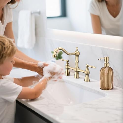 16 OZ Amber Glass Soap Dispenser, Amber Stripe Bathroom Hand Soap Dispensers with Stainless Steel Brushed Gold Pump,Brown Glass Kitchen Hand Soap Dispenser with Brushed Gold Pump,2 Packs - color: Brushed Gold + Amber, size: 2-Pack