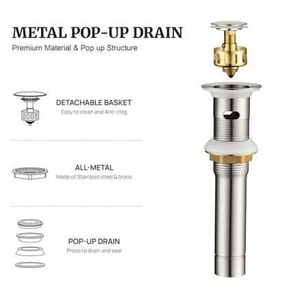 Pop up Sink Drain Stopper for Bathroom Vessel Vanity Sink Art Basin Brushed Nickel, Small Cap with Overflow, Metal Pop up Drain Strainer with Detachable Basket Stopper (Pack of 2) - color: Brushed Nickel, size: With Overflow (Pack of 2)