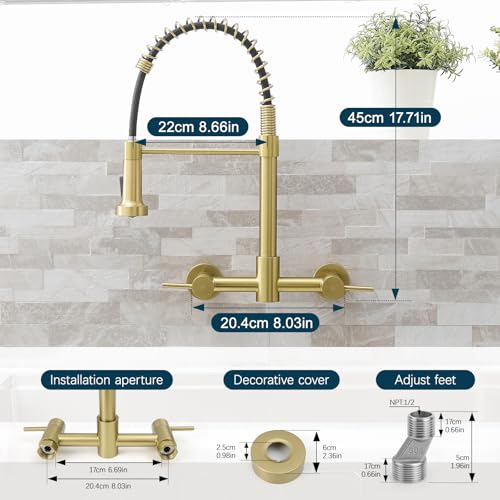 AIMADI Brushed Gold Kitchen Faucet,Wall Mount Faucet 8 Inch Center | 2 Handle Commercial Sink Faucet for Modern Kitchens Luxury Style - color: brushed gold