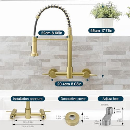 AIMADI Brushed Gold Kitchen Faucet,Wall Mount Faucet 8 Inch Center | 2 Handle Commercial Sink Faucet for Modern Kitchens Luxury Style - color: brushed gold