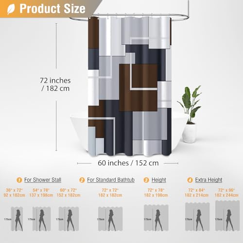BTTN 60x72 Stall Modern Geometric Waterproof Fabric Shower Curtain, Brown | Narrow Long, Premium Polyester, Weighted Hem, 10 Plastic Hook, Vibrant Color, Wrinkle-resistant, Quick-Dry, Machine Washable - color: Brown, size: 60"W x 72"L (Pack of 1)