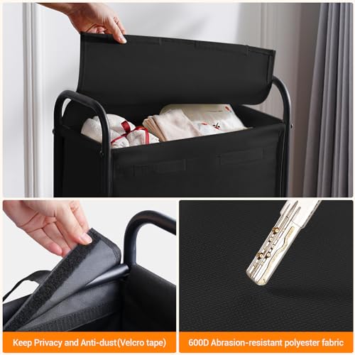ELYKEN Slim Laundry Hamper with Lid & Wheels, 50L Rolling Laundry Basket | 7.9" Narrow Design, 50L, Removable Liner Bag, Lockable Wheels, Space Saving Clothes Hamper for Bathroom, Bedroom, Closet - style: Black-50L