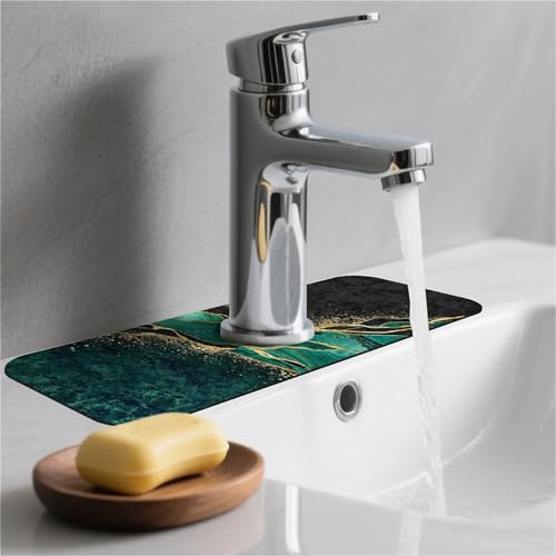 Kitchen Sink Splash Guard，Black and green gold marble Faucet Mat Sink Gadgets-Super Absorbent Fast Drying Mat Drip Catcher for Kitchen, Bathroom,Sink Mat, Dish Drying Mat, Bathroom(15" X 5.5" ) - color: Black and green gold marble