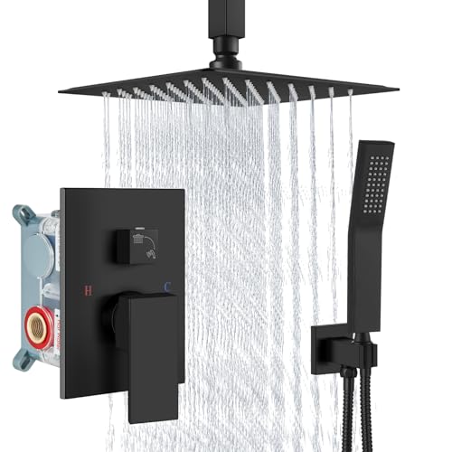 Aolemi Ceiling Shower Faucet with Handheld 8 Inch Head Matte Black | Shower Valve and Trim Kit,SUS304 Rain Head and Handle Set System,All Metal,Bathroom, Handheld Spray - color: Black, size: 8 Inch Ceiling Shower Head