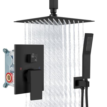 Aolemi Ceiling Shower Faucet with Handheld 8 Inch Head Matte Black | Shower Valve and Trim Kit,SUS304 Rain Head and Handle Set System,All Metal,Bathroom, Handheld Spray - color: Black, size: 8 Inch Ceiling Shower Head