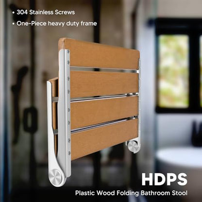 Folding Shower Seat, 16" Foldable Shower Chair Wall Mounted | Shower Seat for Inside Shower, Stainless Steel & Hdps Wood Fold Down Shower Bench for Elderly and Disabled - 400lbs