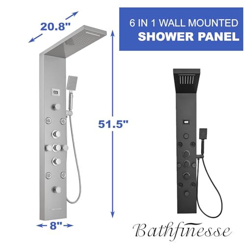 6 IN 1 Shower Panel Tower System Stainless Steel Wall Mounted | Rainfall Waterfall Shower Head,Two Mode Body Jets,Waterfall Tub Spout,with Temperature Display,Brushed Nickel and Chrome - color: Brushed Nickel and Chrome