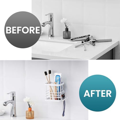 TAILI Patented Suction Cup Toothbrush Holder, Stainless Steel Anti-Puddling Toothbrush Shower Holder, No Drilling Removable Organizer for Bathroom Toothpaste, Razor, Kitchen and Office Items, White - color: White (1 Pack)