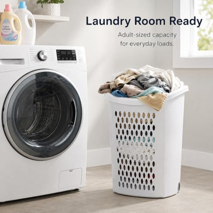 135L White Wheeled Plastic Laundry Hamper - Rolling Laundry Basket with Lid | Pull handle & easy-roll wheels make this rolling laundry hamper with lid easy to move in dorms, apartments & bedrooms. - size: 3.8Bushel