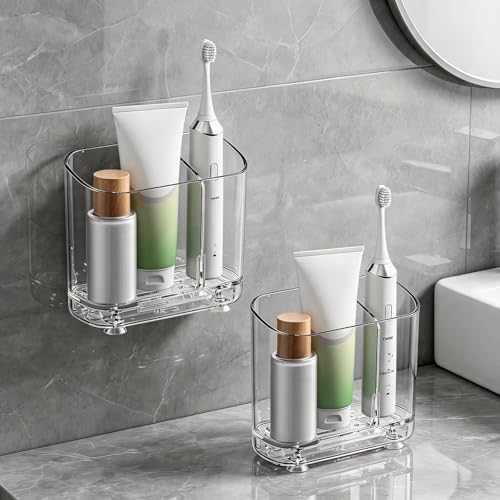2-Slot Electric Toothbrush Holder Wall/Counter, No-Drill | Self-adhesive waterproof, Drainage holes, Keeps dry, Fits counter/wall, For bathroom vanity,, Small Size - size: Small
