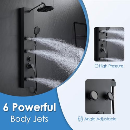 ROVOGO Shower Panel Tower System Stainless Steel, 43.3 Inch, Matte Black | Height Adjustable Shower Arm, Self-Cleaning Shower Head, 5-Setting Handheld, 6 Body Jets, W/ Brass Mixing and Diverter Valve - color: All Black