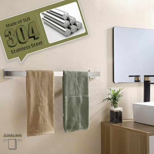5-Piece Bathroom Hardware Set, 23.6 in Towel Bar, Brushed Nickel | SUS304 stainless steel, 55 mm square bases, concealed screw mount, towel ring, toilet paper holder, 2 robe hooks - color: Brushed Nickel
