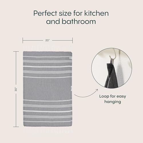 WETCAT Turkish Hand Towels with Hanging Loop, Set of 2 (20" x 30") 100% Turkish Cotton, Pre-Washed, Quick Drying, for Kitchen or Bathroom - Dark Gray - color: Dark Gray