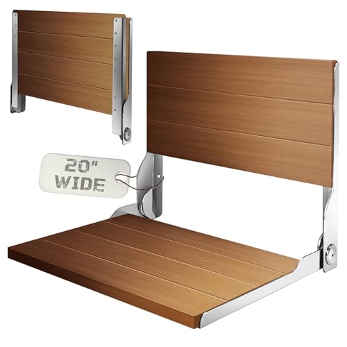 Folding Shower Seat 20'', Large Teak Shower Seat, Folding Shower Bench, Wall Mount Foldable Chair, 500 lbs Capacity, Stainless Steel, Silver - color: Silver