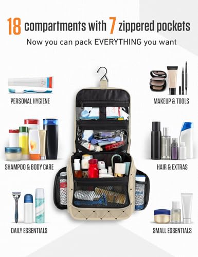 VENTURE 4TH Hanging Travel Toiletry Bag, 17 Compartments - Beige Diamonds | Hangs on rails, hooks or doors; stands upright too. Removable TSA pouch. Water-resistant 900D Nylon, reinforced stitching. - color: Beige Diamond