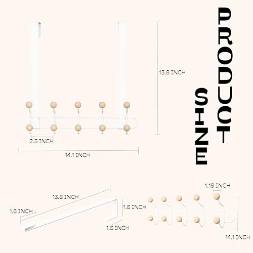 2 Pack Over The Door Hooks(13.8" H) with 10 Wooden Knobs, Over Door Hanger, Heavy Duty No Drill Hanger for Towels, Coats, Hats, Bags in Bathroom, Bedroom, Kitchen, Living Room - color: White(2 Pack 13.8")
