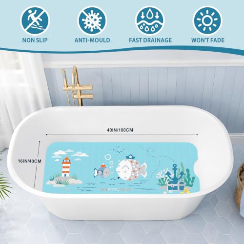 Baby Bath Mat for Tub Non Slip Kids, BPA Free Extra Long Bathtub Mat 40x16 with Drain Holes and 200 Suction Cups, Non Toxic Machine Washable Toddler Bath Mat, Eco-Friendly Certified - color: Ltblue 2fish Joy