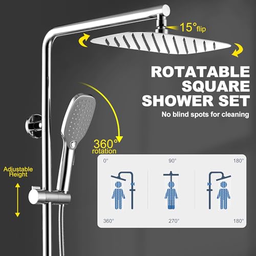 Rain Shower System with Shelf, 12 Inch Rain Shower Head Set with Hand Shower Head, SonTiy Dual Shower Combo with Height Adjustable Holder, Brass Valve, Chrome - color: Chrome, style: 2.5 Gallons Per Minute-Square