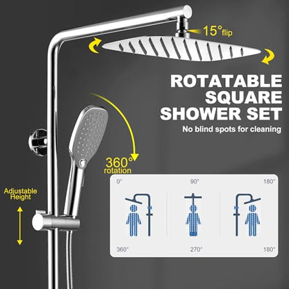 Rain Shower System with Shelf, 12 Inch Rain Shower Head Set with Hand Shower Head, SonTiy Dual Shower Combo with Height Adjustable Holder, Brass Valve, Chrome - color: Chrome, style: 2.5 Gallons Per Minute-Square