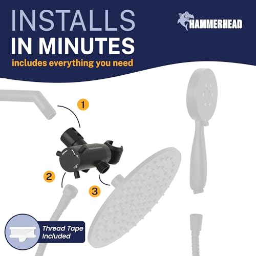 HammerHead Showers Solid Metal 3-Way Shower Diverter Valve with Shower Head Holder, Universal Splitter for Handheld Spray Wand and Rain Showerhead, Matte Black - color: Matte Black