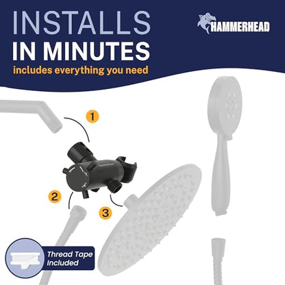 HammerHead Showers Solid Metal 3-Way Shower Diverter Valve with Shower Head Holder, Universal Splitter for Handheld Spray Wand and Rain Showerhead, Matte Black - color: Matte Black
