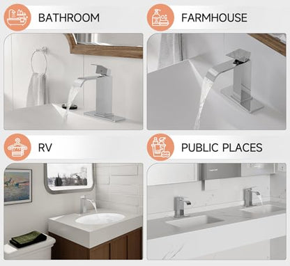 Chrome Bathroom Faucets Evolvegoods Modern Waterfall Bathroom Faucet | Single Handle 1 or 3 Hole Bathroom Sink Faucet RV Mixer Tap Vanity Faucet with Deck Plate Pop-up Drain and Supply Lines - color: Chrome