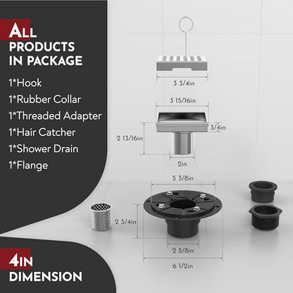 4 Inch Square Shower Drain Brushed Floor Drain with Flange Square Holes Pattern Cover Grate Removable SUS304 Stainless Steel Watermark&CUPC Certified Brushed - color: Brushed, size: 4 Inch