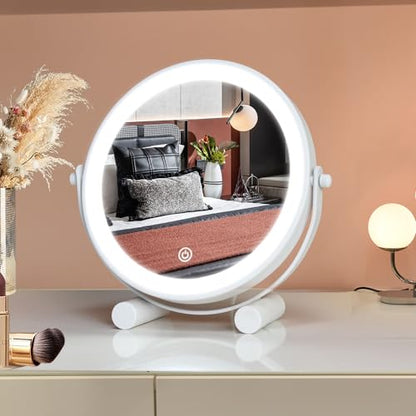 YEKKOPT Travel Vanity Mirror with Lights, 8" Small LED Makeup Mirror with Lights,360°Rotation Dimmable Portable Desk Round Mirror for Dressing Room & Bedroom,Folding Stand, White - size: 8"x8"