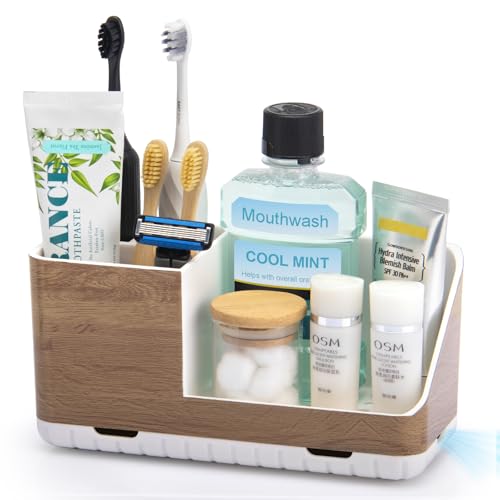 Toothbrush Holders for Bathrooms Countertop Organizer (Wood Grain) | Easy To Clean, Drainage, Non-Slip, Detachable, Kids Electric Toothbrush and Toothpaste Holder - color: Wood Grain