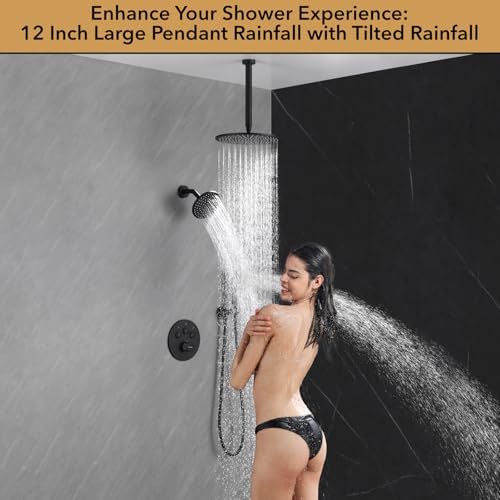 VANFOXLE Thermostatic Shower Faucet Set Matte Black Shower System | Push Button Diverter, 12 Inch Ceiling Mount Rain Head Increased Thick, 6 Inch Side Head, 2-in-1 Handheld Sprayer, Modern - color: Matte Black, style: 12 Inch