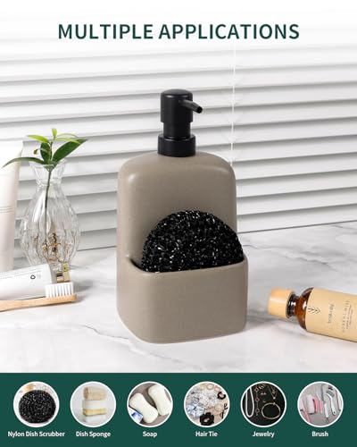 BosilunLife Dish Soap Dispenser - Matte Silver Grey Ceramic Kitchen Soap Dispenser with Sponge Holder Matte Ceramic Soap Daddy Dispenser 20oz for Kitchen Soap Pump and Sponges Caddy - color: Matte Silver Grey