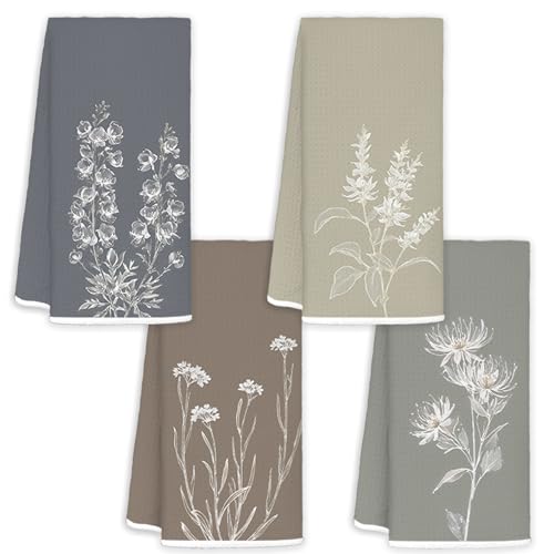 JINYO Minimalist Boho Floral Hand Towels for Bathroom Set of 4, Neutral Botanical Decorative Towels for Kitchen Spa Guest Bathroom Decor, Wildflower Decor Dish Tea Towels, 16x24 Inch - color: Minimalist Floral Towels-16