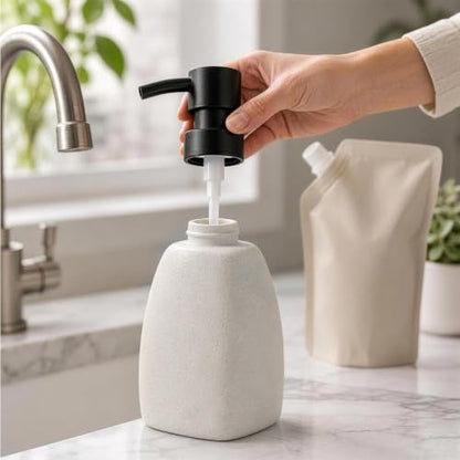 Stone Soap Dispenser, Matte Speckled Off White Ceramic Soap Dispenser with Black Pump, Modern Countertop Liquid Hand Soap Bottle for Bathroom Kitchen Decor