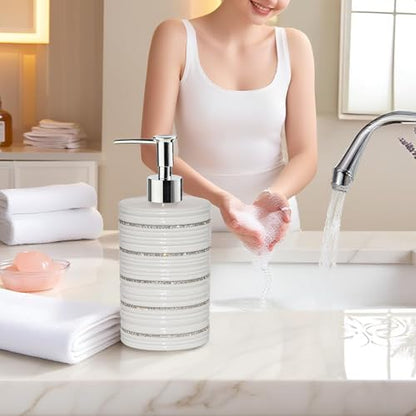 White Ceramic Soap Dispenser with Silver Pump for Bathroom, Refillable Liquid Hand Soap Dispenser, Bling Moissanite Design for Kitchen Dish Soap, Hand Soap, Pump Bottle for Liquid