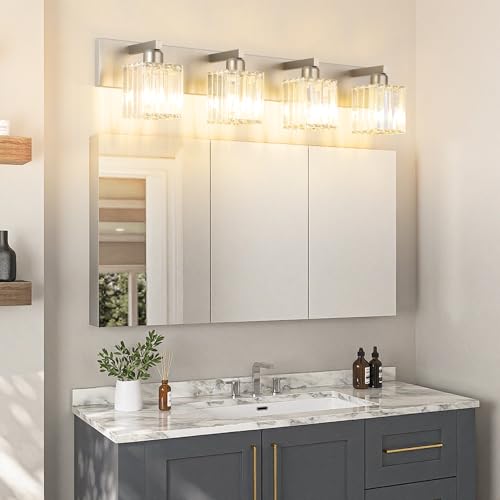 Aipsun Brushed Nickel Bathroom Lighting Fixtures 4 Light Crystal Modern Bathroom Vanity Light (Exclude Bulb) - color: Brushed Nickel, size: 32 inch