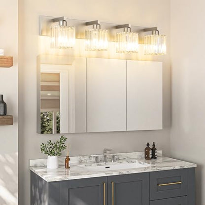 Aipsun Brushed Nickel Bathroom Lighting Fixtures 4 Light Crystal Modern Bathroom Vanity Light (Exclude Bulb) - color: Brushed Nickel, size: 32 inch
