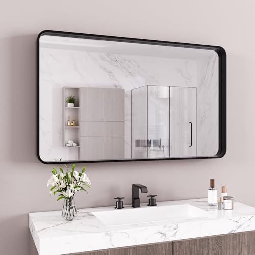 JISOSO 60x28 Inch Black Bathroom Mirror Metal Framed | Anti-Rust, Tempered Glass, Shatter Proof, Hangs Horizontally or Vertically - color: Black, size: 60"L x 28"W