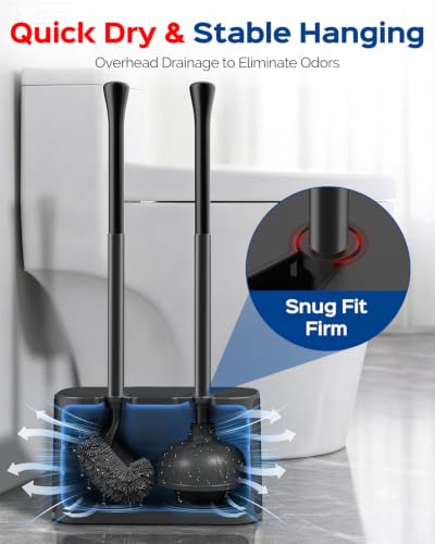 HAMITOR Toilet Bowl Brush and Plunger Set: 2-in-1 Hidden Holder Design | Deep Cleaning Curved Bristles, Stainless Steel, 22'' Long Handles, Modern Apartment Bathroom Accessories, Black, 1-Pack