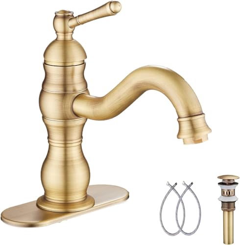 Antique Brass Bathroom Faucet GGStudy 360° Swivel Bathroom Vanity Faucet Single Handle One Hole Bathroom Sink Faucet Basin Matching Pop Up Drain with Overflow - color: Antique Brass, size: Short