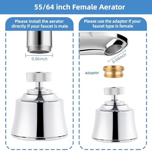 4 Modes Kitchen Sink Faucet Head, Big Angle Swivel Aerator, Silver Chrome | Faucet Sprayer Attachment with 55/64-27UNS Famale Thread, Male Thread Adapter Included - color: Chrome, style: with 1 joint ball